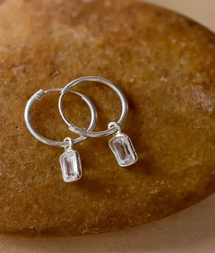925 sterling silver white CZ hoop earrings with rectangular emerald cut cubic zirconia charm