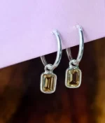 925 sterling silver citrine hoop earrings with emerald cut rectangular citrine gemstone charm