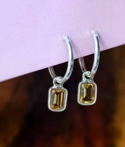 925 sterling silver citrine hoop earrings with emerald cut rectangular citrine gemstone charm