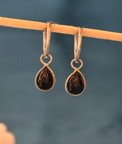 Black Onyx Teardrop Hoop Earrings