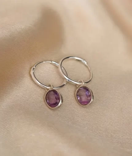 Amethyst Oval Hoop Earrings in 925 Sterling Silver
